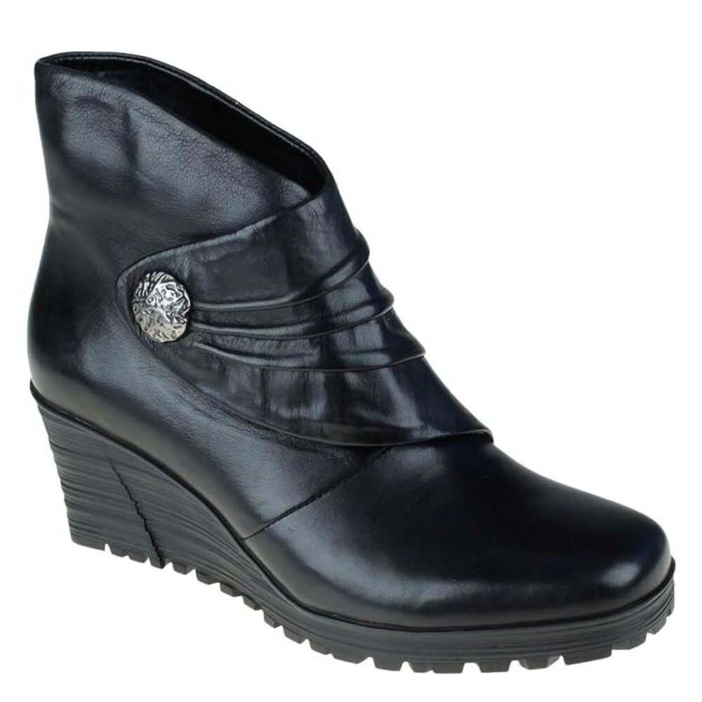 NEW Earth Women Dune Black Leather Gathered Pleated Strap Platform Wedge Bootie - Picture 5 of 6